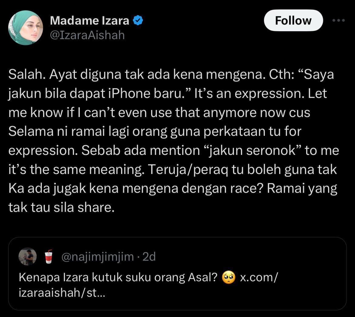 guna ayat ‘jakun’, izara aishah dilabel tak hormat suku kaum orang asli