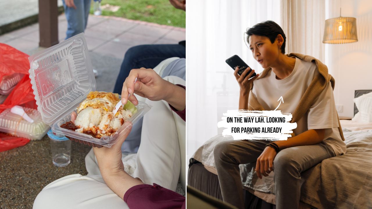 A person having nasi lemak and a person sitting on the bed talking to her phone