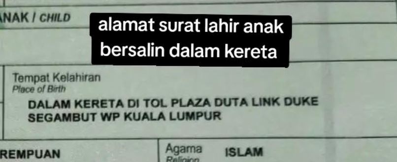 malaysian mum’s unexpected car birth sparks reactions with unique birth certificate