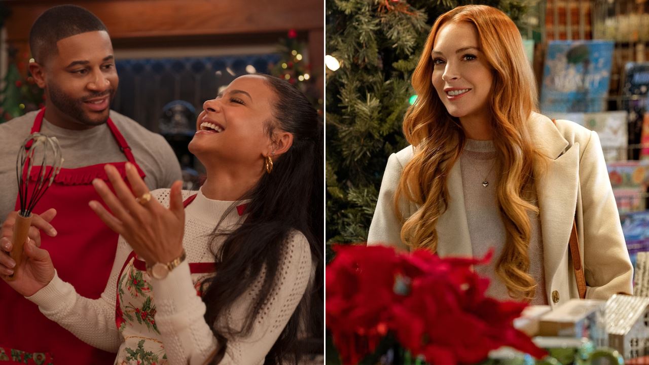 A couple laughing while cooking and a girl smiling