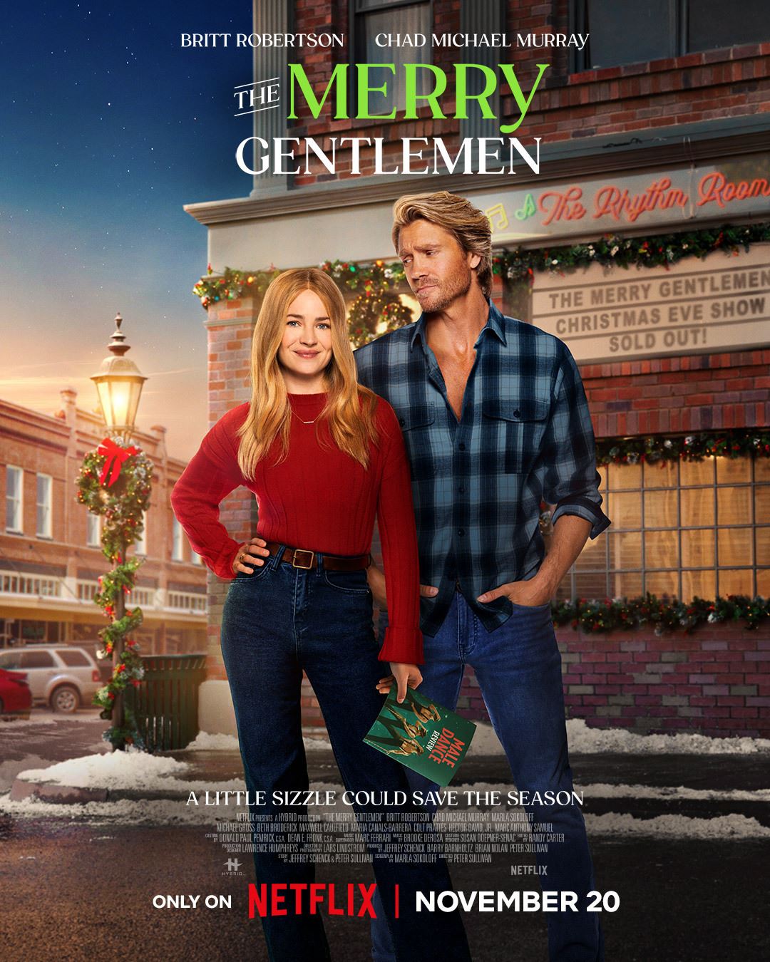 A poster of a couple posing in a street during Christmas