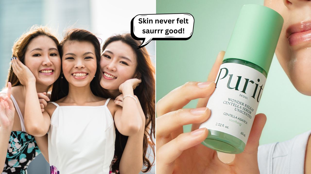 three girls smiling and a girl holding a skincare product
