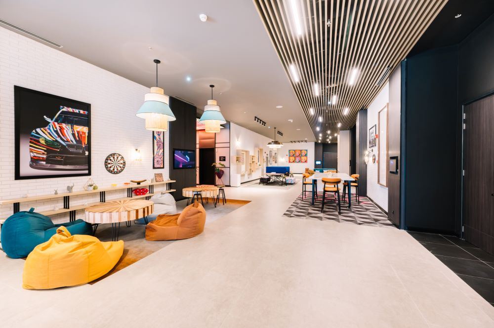 Foyer with beanbags and stylish decorations at Moxy Putrajaya