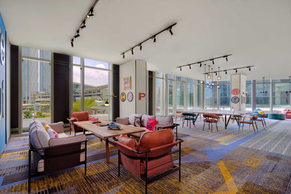 A vibrant meeting room with bold colours