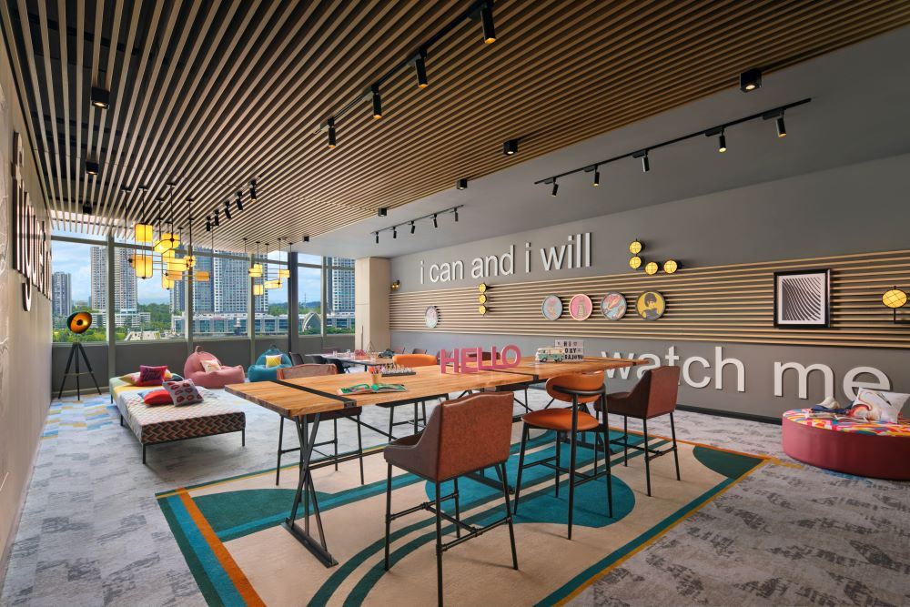 A vibrant meeting room with bold colours