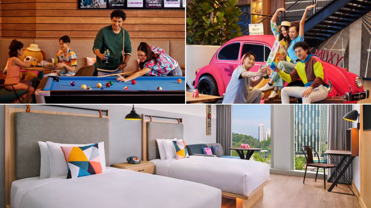 A collage of Moxy Putrajaya showing its bedroom, lobby, and game zone