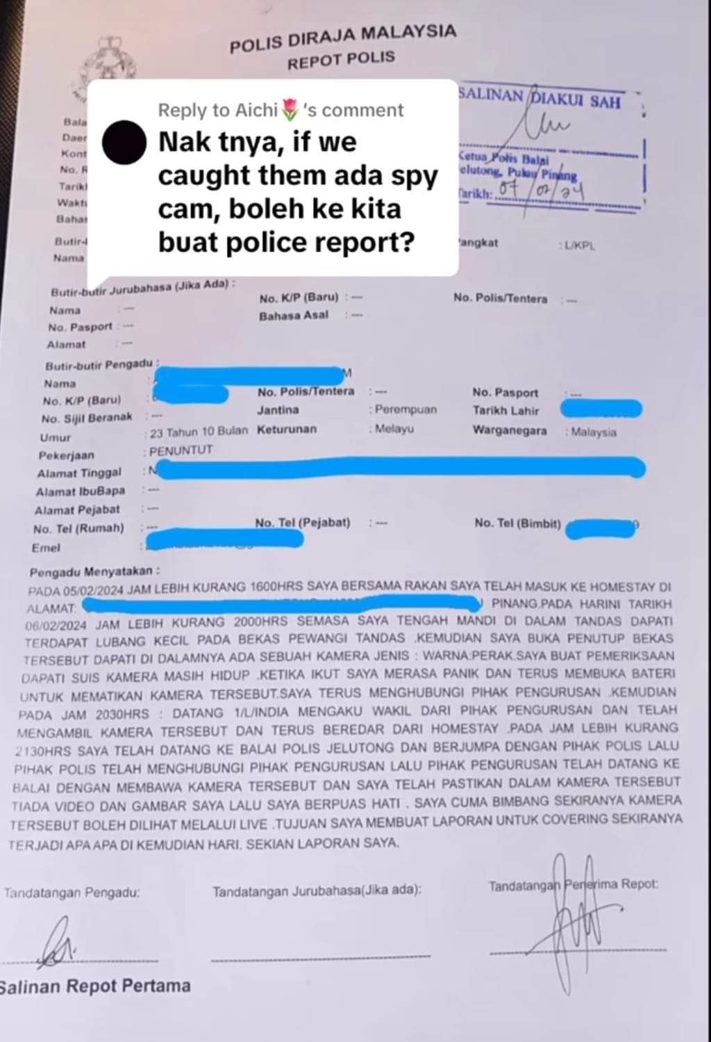 polis tahan lelaki letak kamera tersembunyi dalam tandas di jelutong, pulau pinang