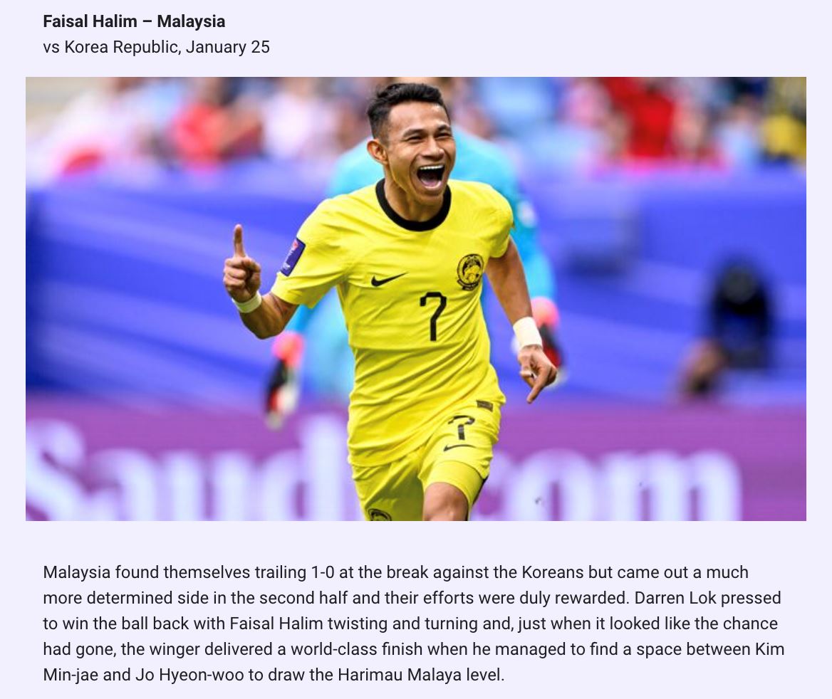 jaringan faisal halim kini mendahului senarai gol terbaik piala asia 2023. teruskan undi!