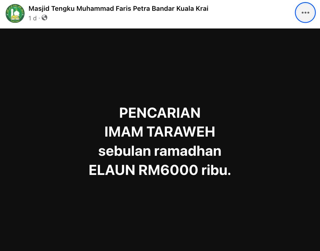 masjid di kelantan cari individu layak jadi imam terawih, elaun rm6,000 disediakan