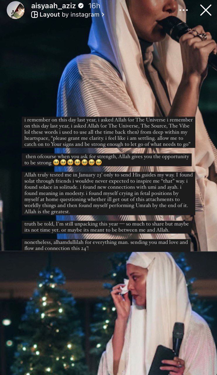 aisyah aziz rasa tenang betulkan solat, dekati tuhan, “saya diuji 23 jan tahun lalu,”