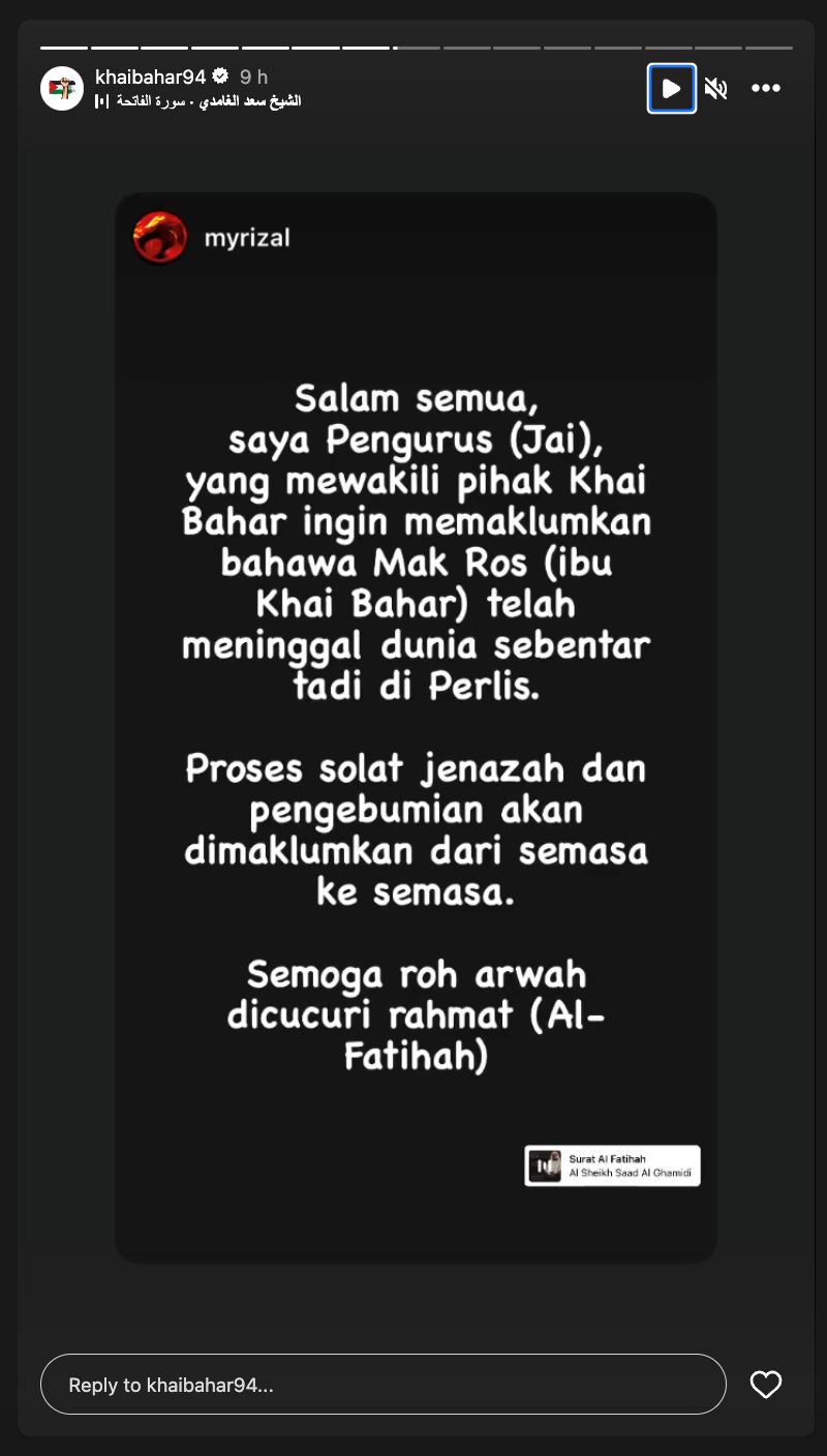 ibu khai bahar, mak ros meninggal dunia di kangar, perlis. al-fatihah