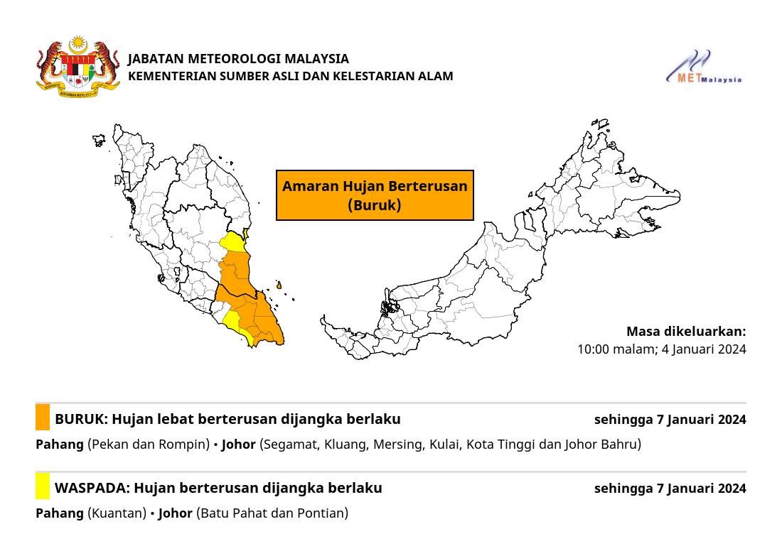 johor, pahang dijangka alami hujan lebat tahap buruk hingga ahad