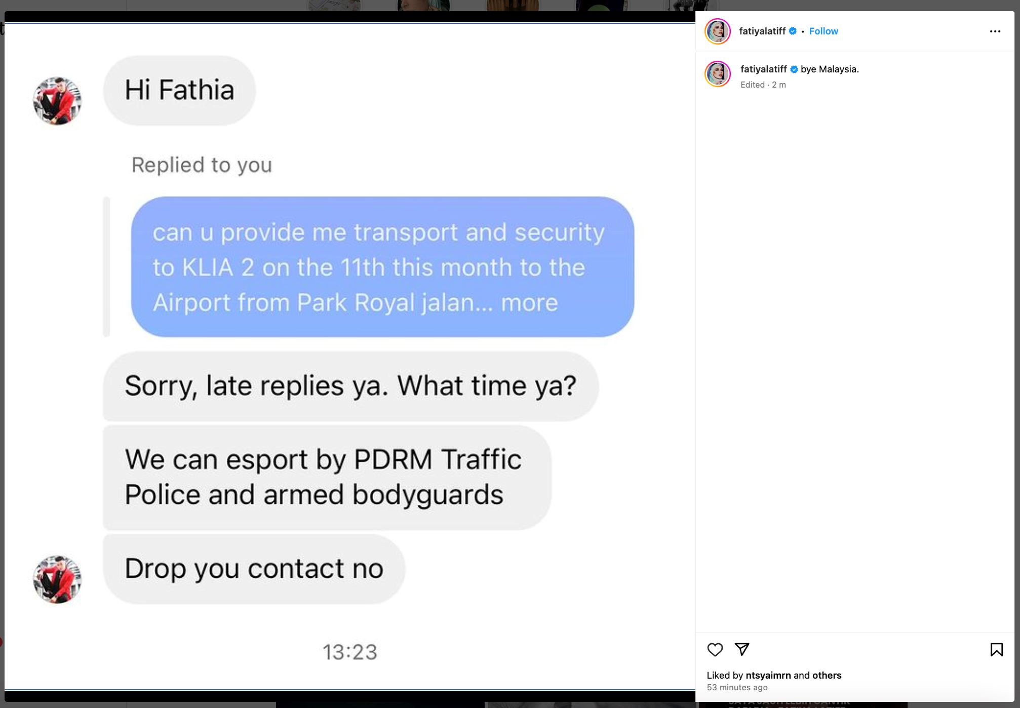 “bye-bye malaysia,” fatiya latif mohon guna escort polis dan pengawal untuk ke klia
