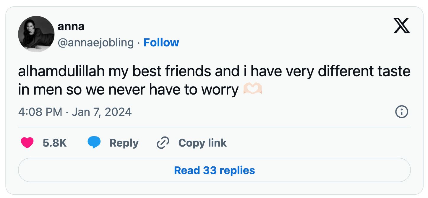 “alhamdulillah, saya dan kawan baik punya citarasa berbeza terhadap lelaki,” – anna jobling