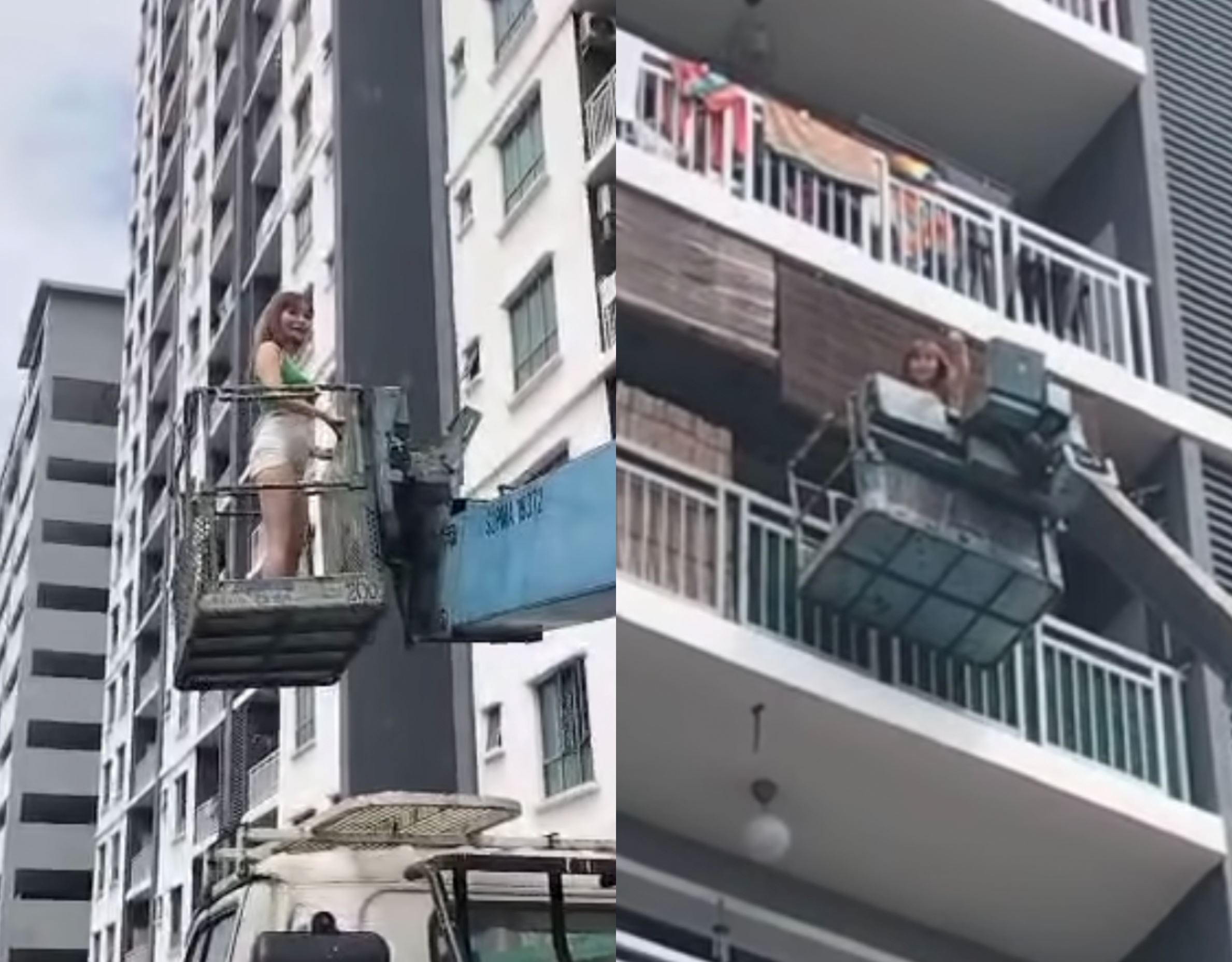 woman in selangor locked out of house, hires crane to lift her up to her balcony