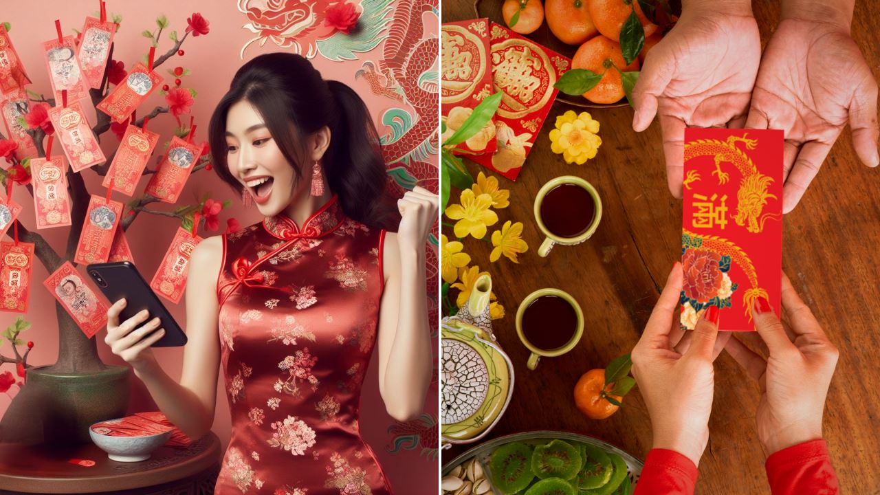 A Chinese lady in cheongsam and angpow packet