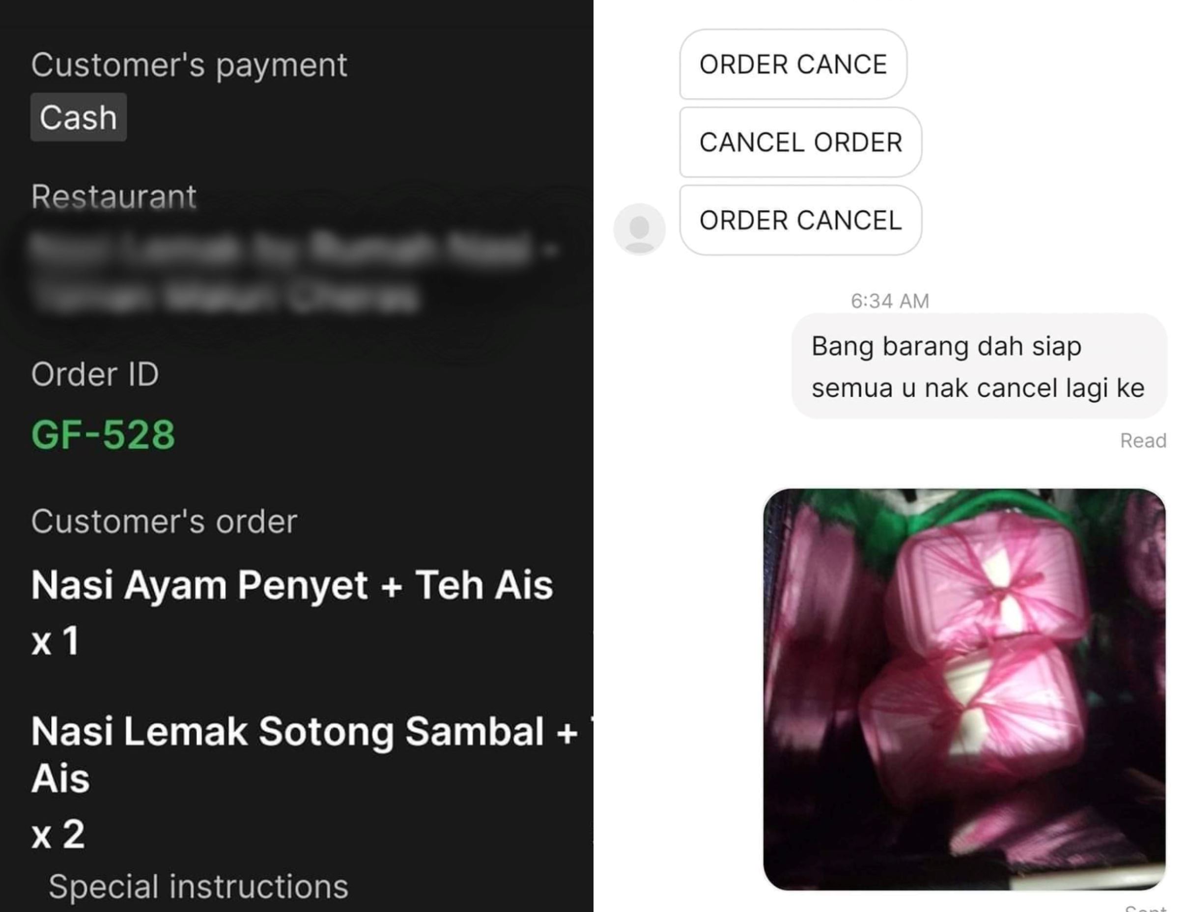 customer cancels order last minute, leaving delivery rider with uneaten food and bill