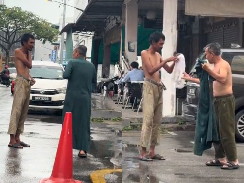 generous gesture! pakcik in kuching caught on camera giving his shirt to needy man in the rain