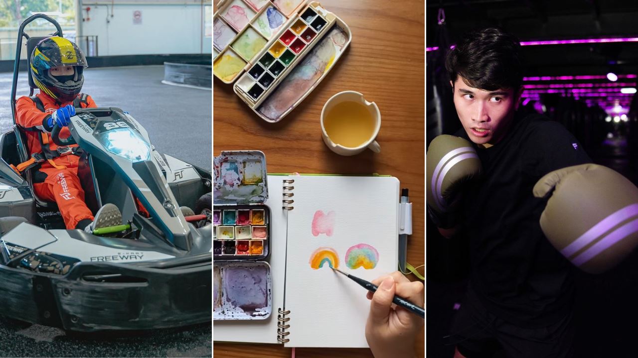 Images of a man in boxing gloves, a hand painting and a suited-up driver in a go-kart