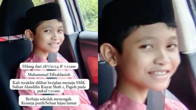 keluarga risau, effzaldanish hilang ketika pergi sekolah