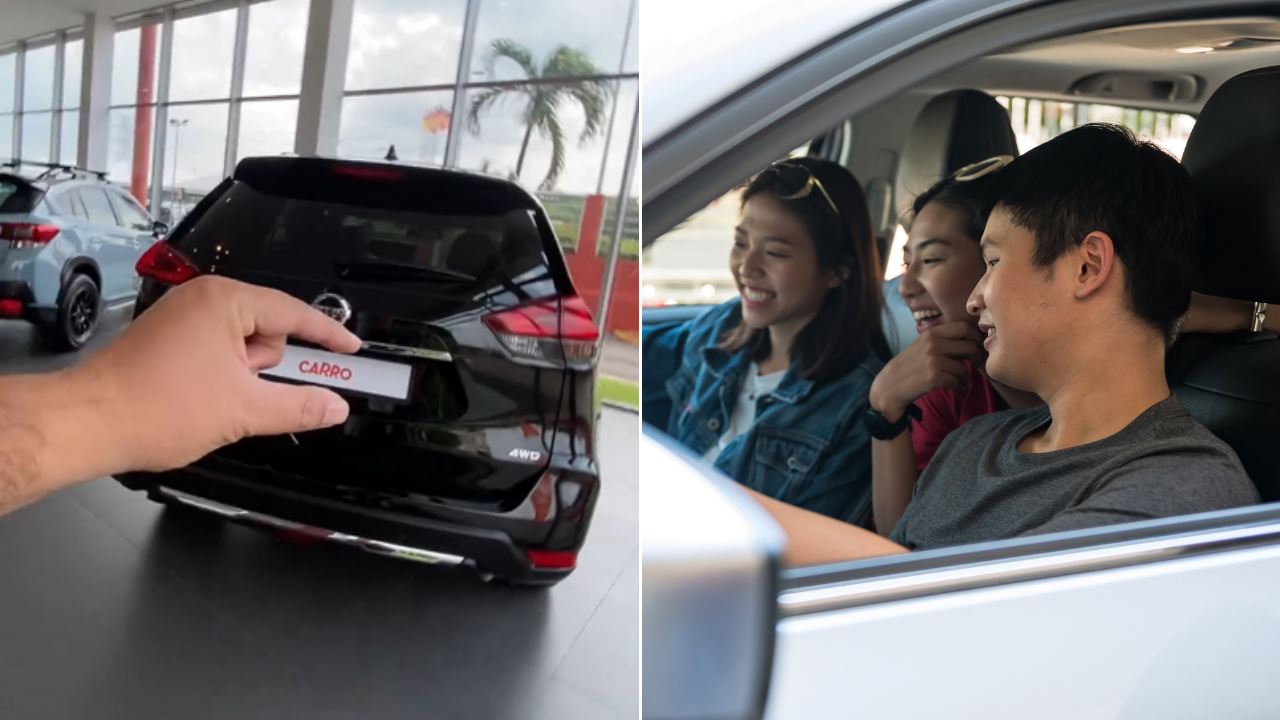 A two image collage. On the left is a photo of a car with a Carro license plate; on the right, a trio of Asian friends smiling in the car
