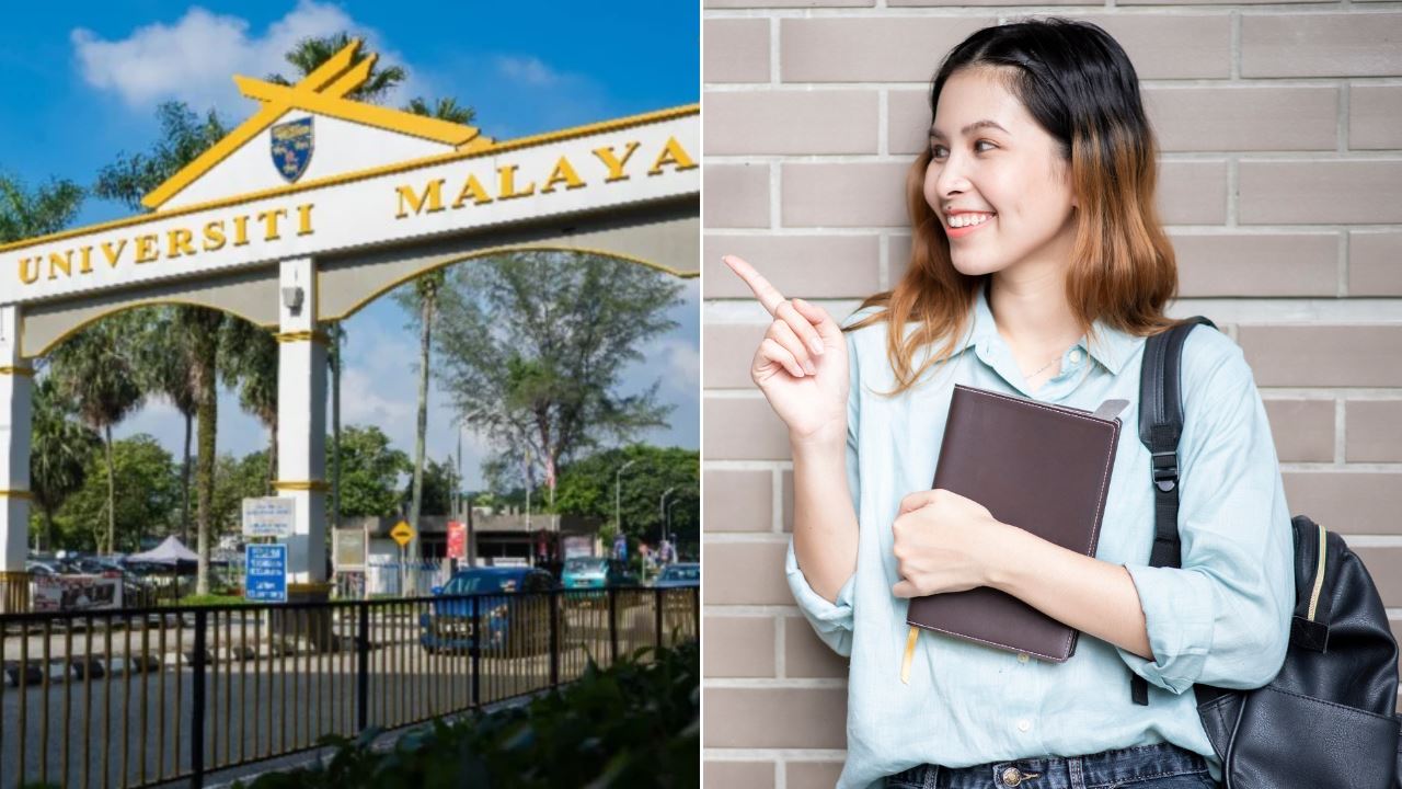 Entrance of Universiti Malaya and an Asian female student pointing to the left