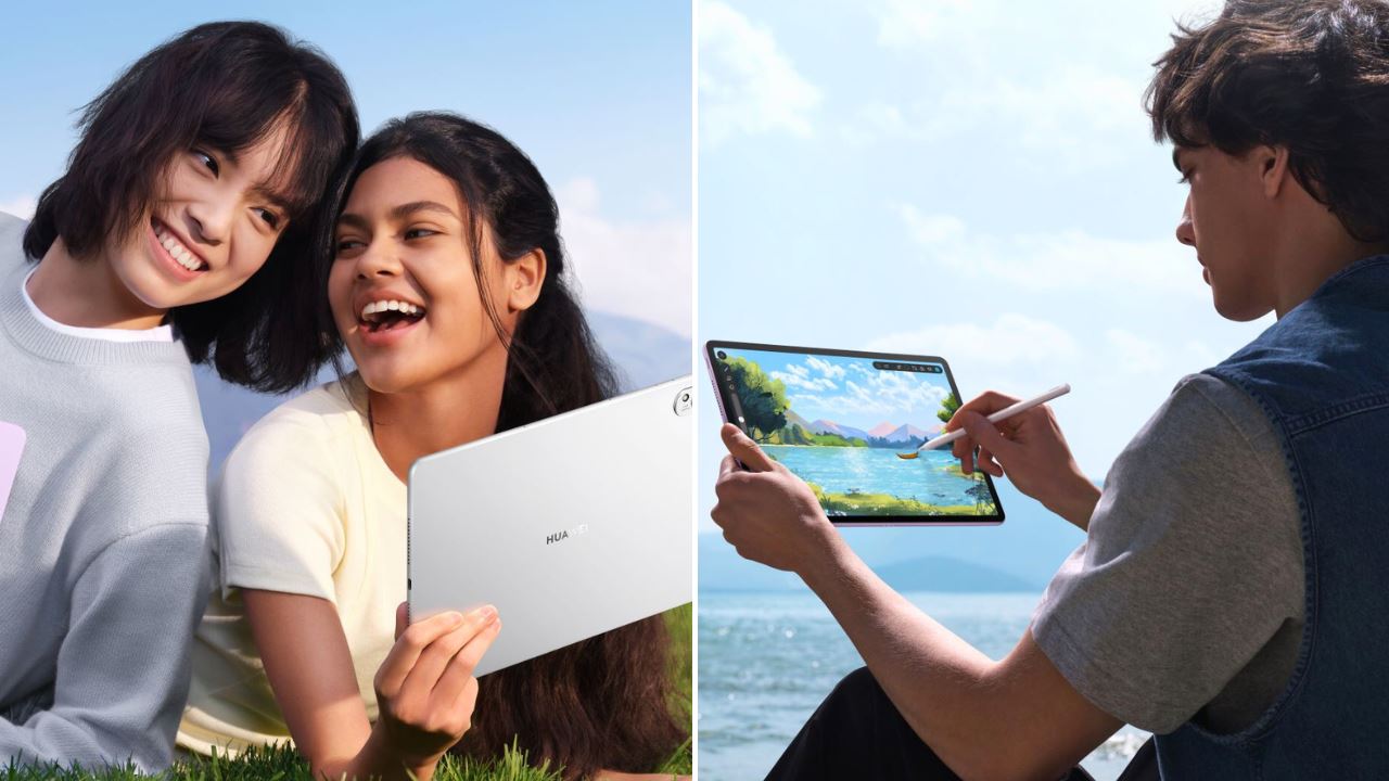 Two Asian women smiling while holding onto their HUAWEI MatePad PaperMatte, and a man drawing on the HUAWEI MatePad PaperMatte tablet
