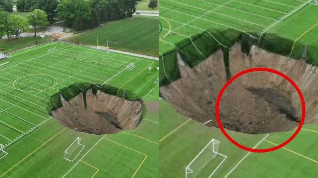 lubang besar terbentuk di padang bola sepak