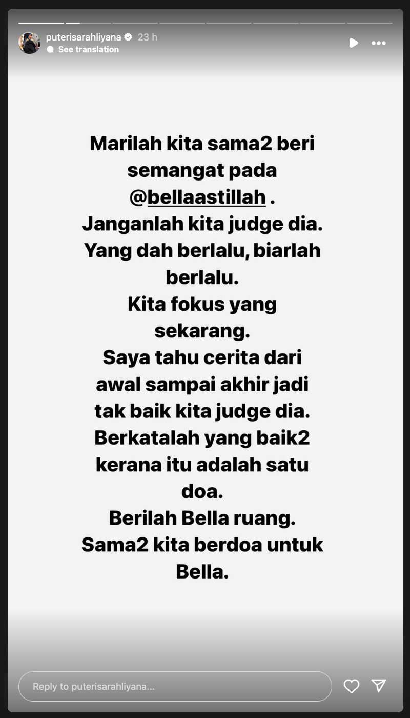 “saya disini jika awak perlukan saya,” puteri sarah liyana titip semangat buat bella astillah