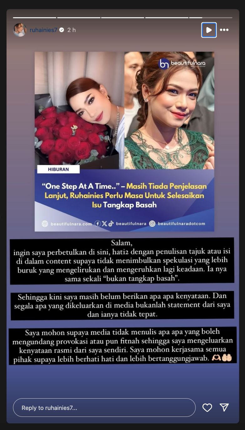 “ia sama sekali ‘bukan tangkap basah’,” ruhainies mohon media tidak fitnah dirinya