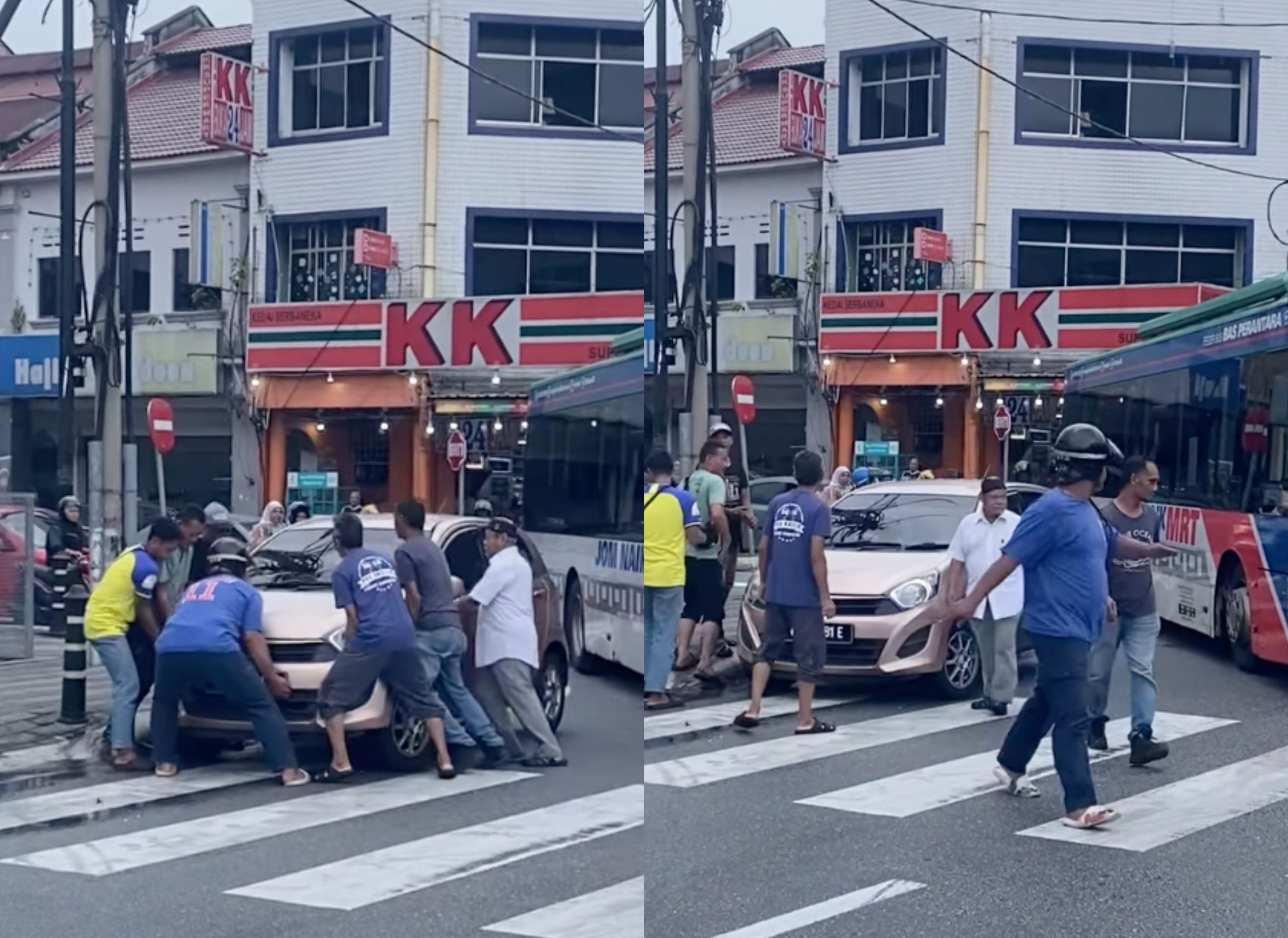 malaysians band together to physically lift and move parked car blocking bus's way