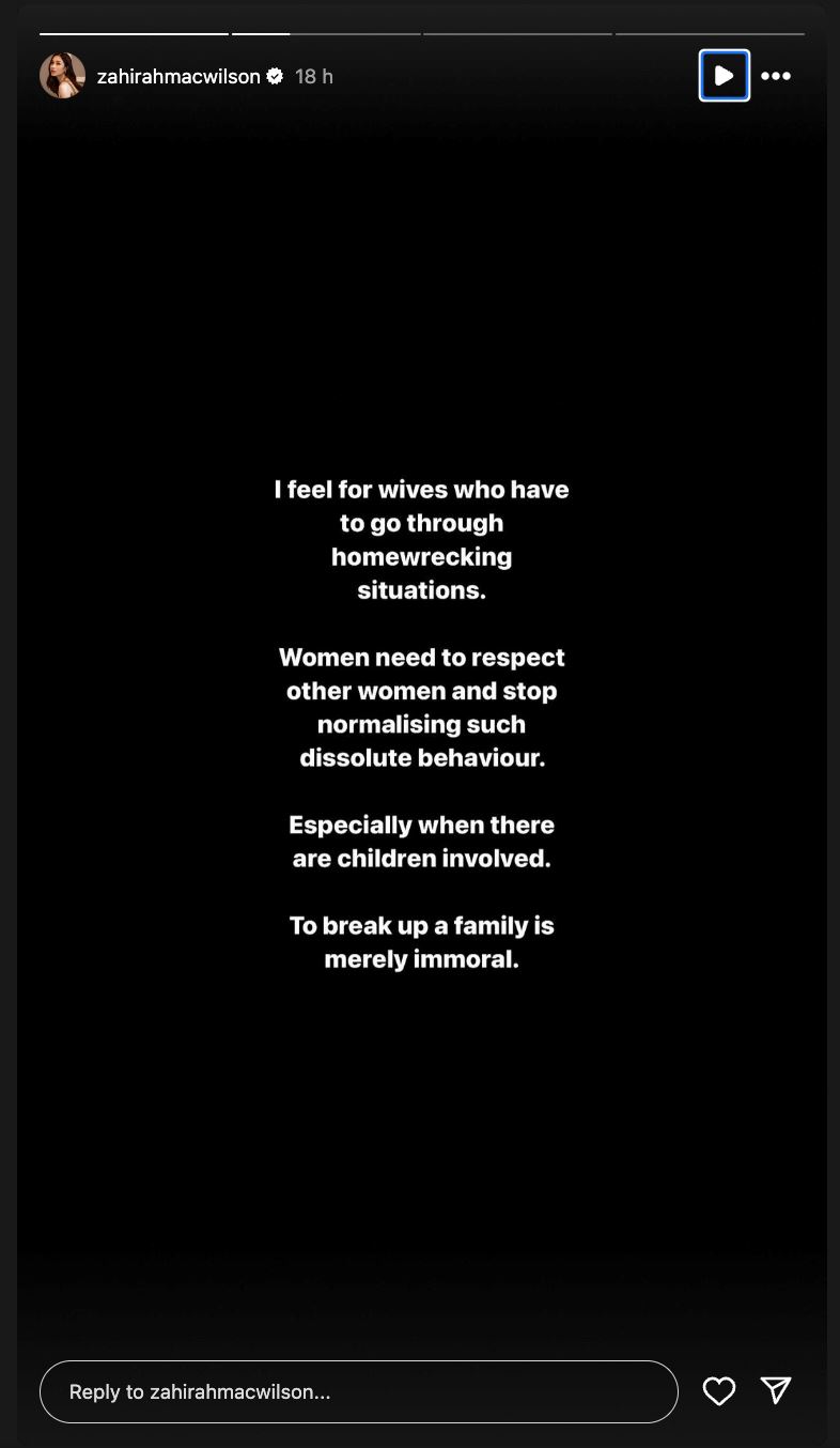 “wanita patut hormat wanita lain,” status zahirah macwilson pasal orang ketiga curi tumpuan