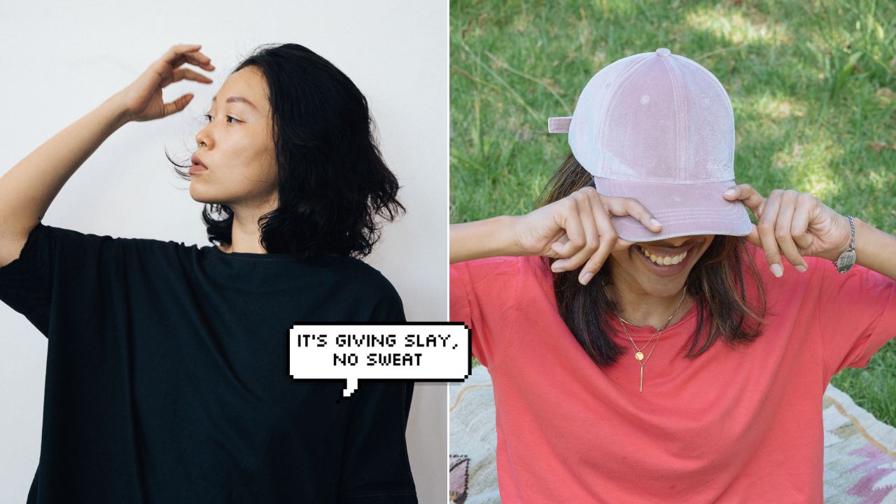 two women sitting in oversized clothing