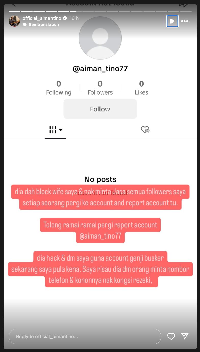 akaun tiktok kena hack! aiman tino rayu orang ramai tak terpedaya