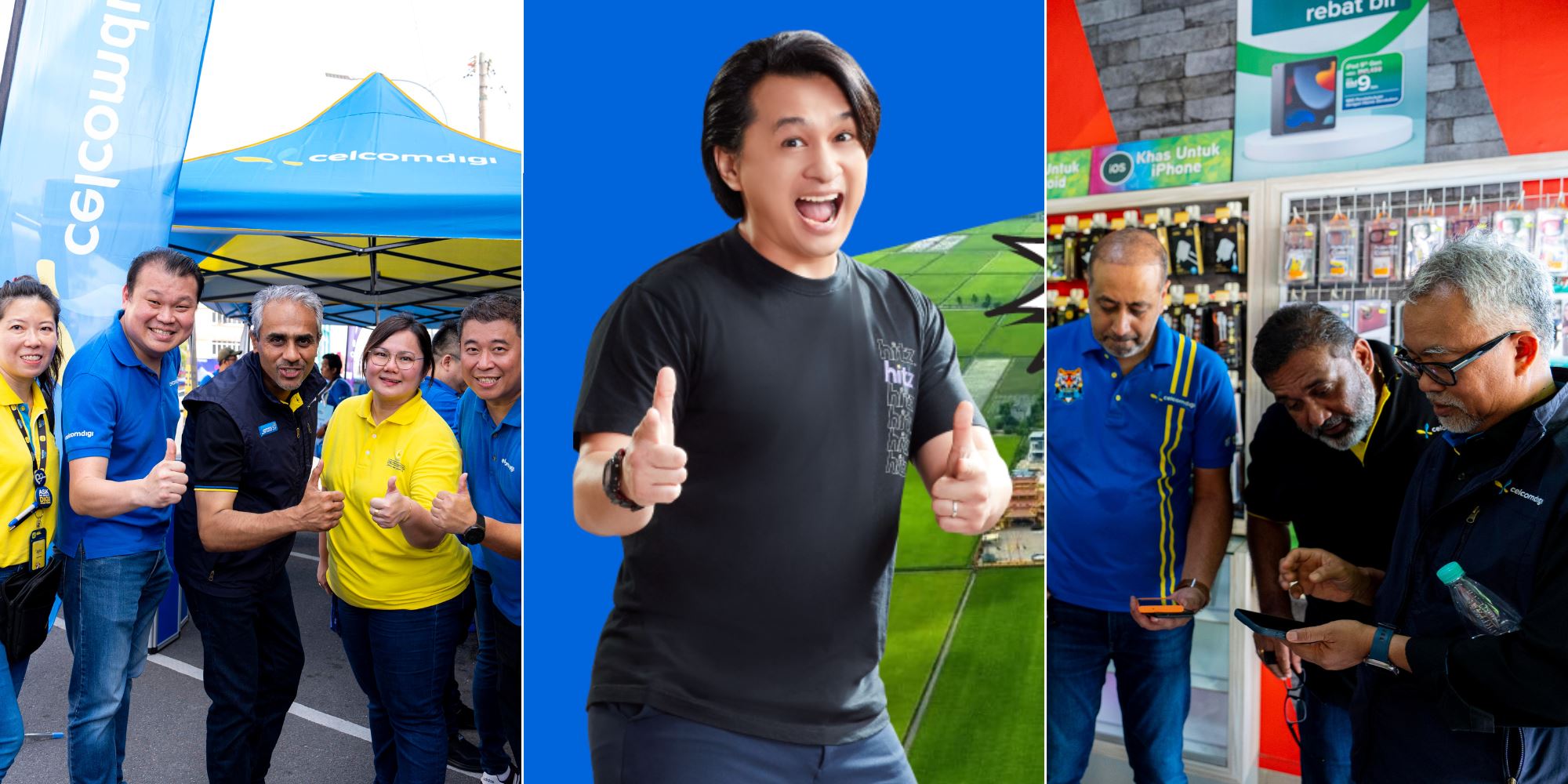 A group of people posing, Ean from HITZ and another group looking at a phone