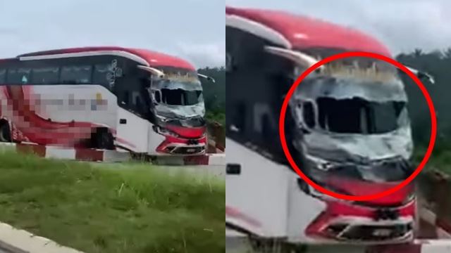 pemandu bas tak perasan palang? habis pecah cermin depan!