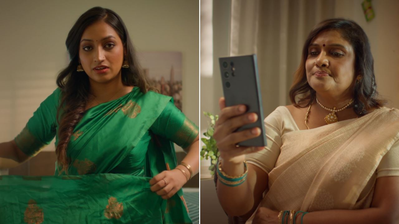 A collage of two visuals: one of an indian daughter tying her saree, another of a mother guiding her daughter via a video call.