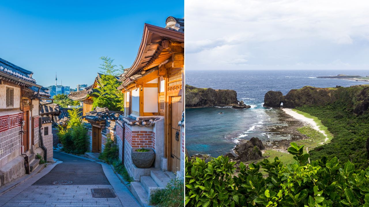 A collage featuring South Korea’s Hanok village and a scenic view of Green Island, Taiwan