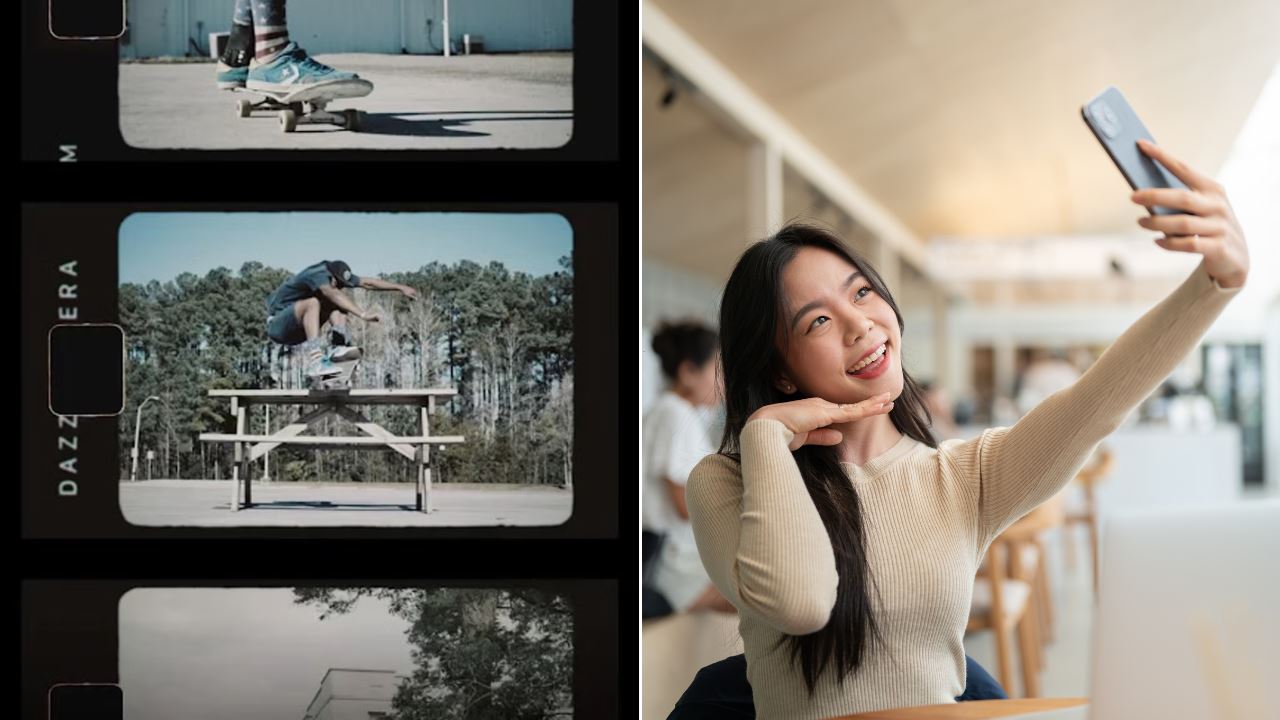 A vintage camera effect from a digital camera app and a girl taking a selfie