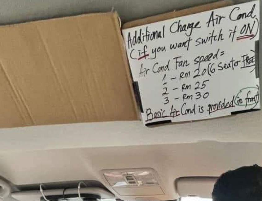 malaysian e-hailing driver charges rm20 for backseat air con, price rises with fan speed