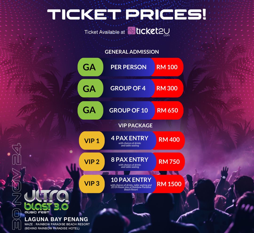 A poster listing ticket prices for Ultra Blast 3.0