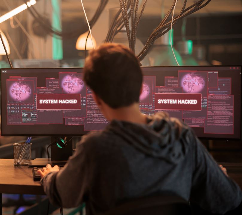 An image of a person looking at computer screen which have been hacked
