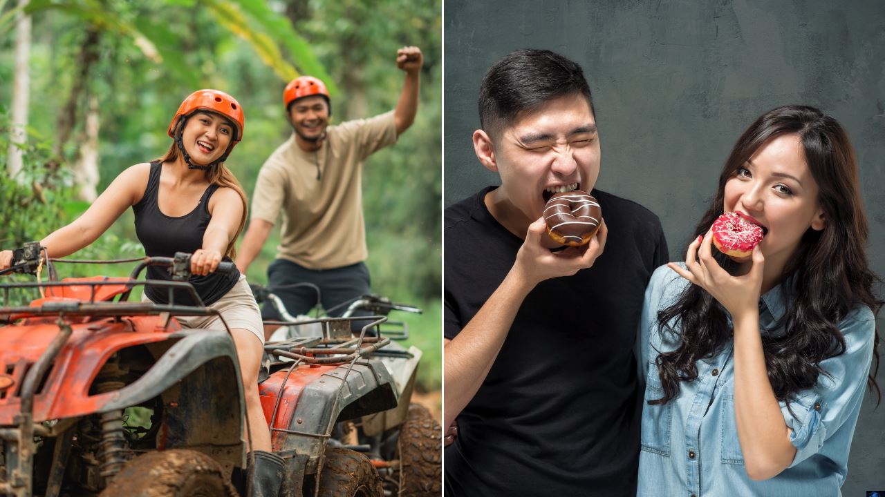 A couple on an ATV ride and a couple posing with donuts