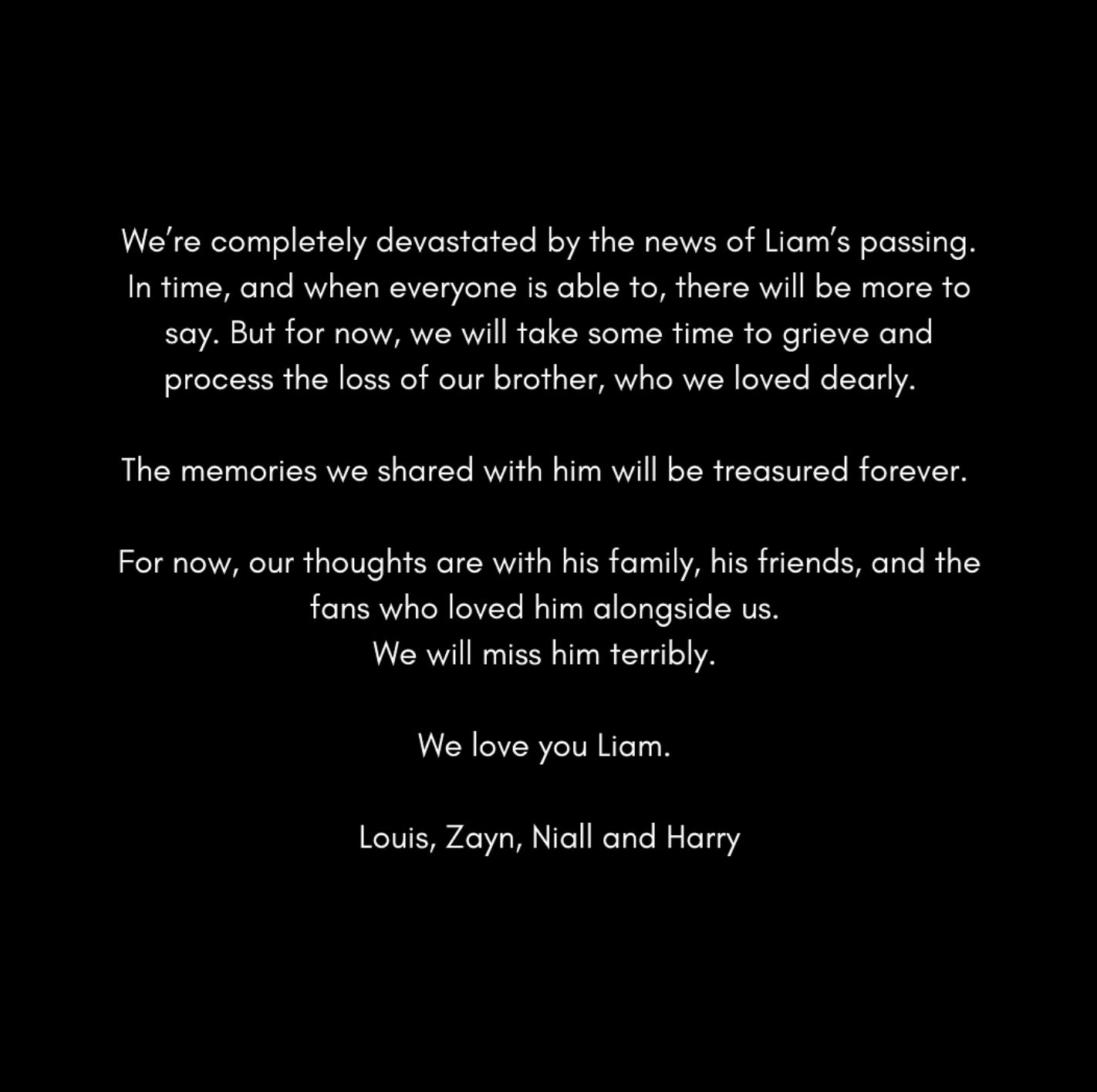 one direction issues heartfelt statement after liam payne's sudden death, “we will miss him terribly” 