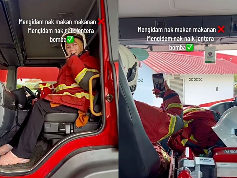 pregnancy cravings! kuantan firefighters fulfill pregnant woman’s dream of riding a fire truck