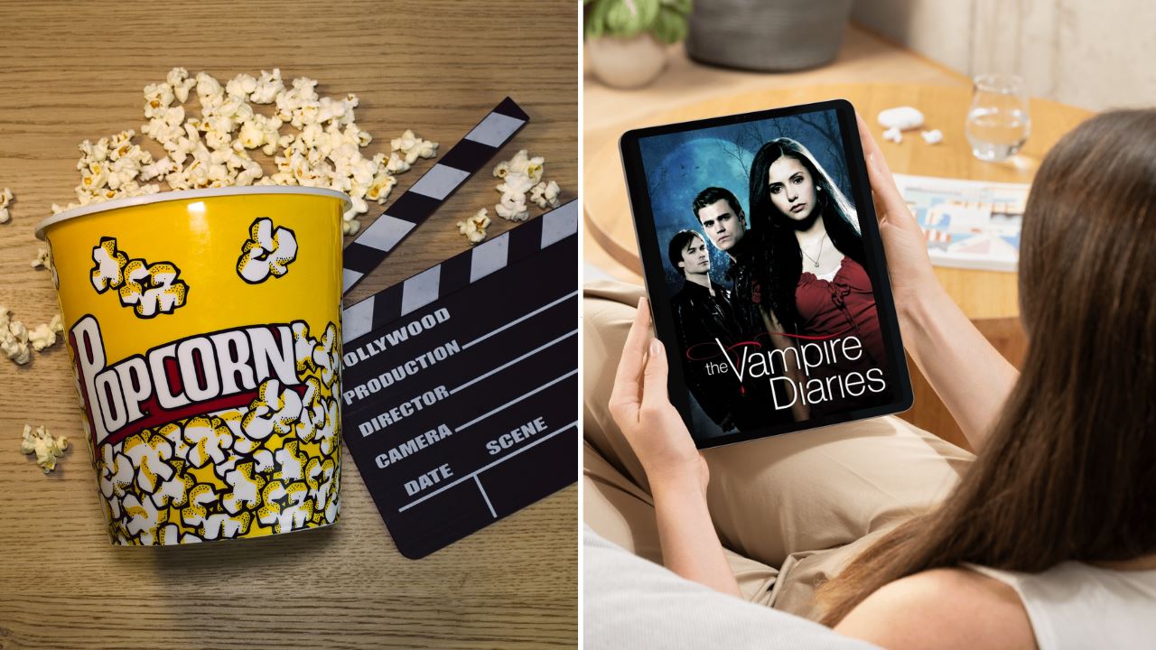 Collage of a woman holding a tablet showing Vampire Diaries poster, and popcorn