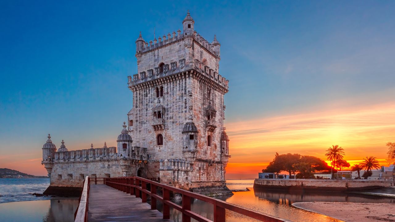 A view of an architectural structure during sunset