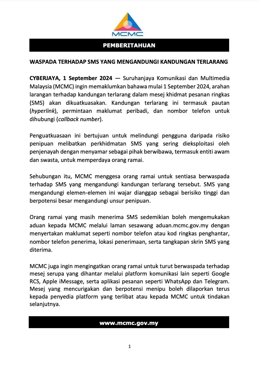 mcmc enforces ban on sms messages containing hyperlinks, personal information requests, and callback numbers