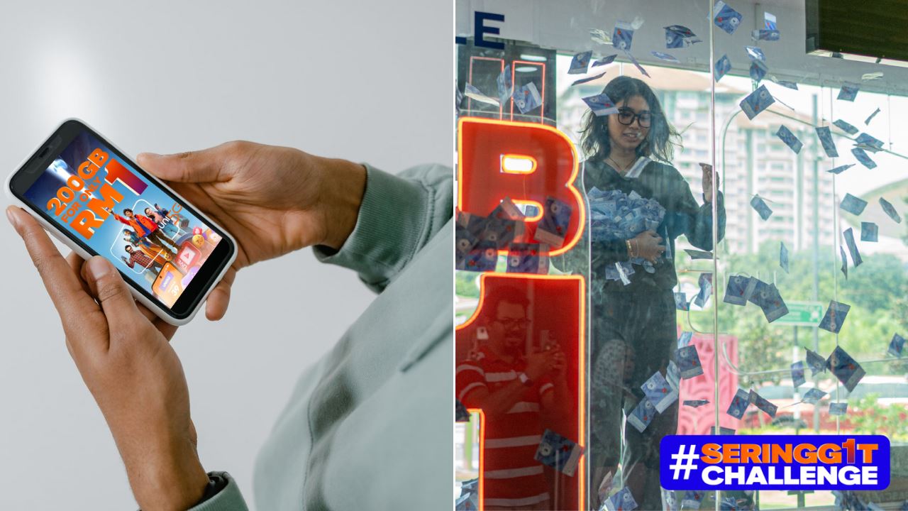 A hand holding a phone and a girl with money flying around her