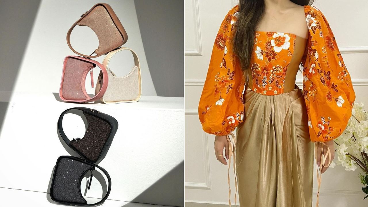 A stack of designer handbags and a girl dressed up